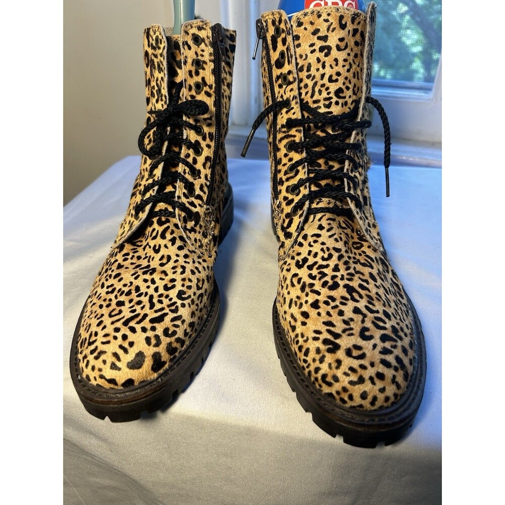 Lucky Brand 8.5 IDARA Mini Combat Boots Leopard Print Cow Hair Boot Shoes NEW